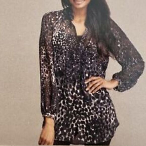 CAbi Sheer Blurred Dot Long Puff Sleeve Button Down Blouse Printed Oversized Top - Picture 3 of 11